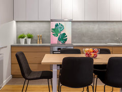 Toughened glass backsplash – Art glass design printed glass splashback NBS11 Tropical Leaves Series: Monstera on pink background