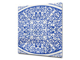 Stunning printed Glass backsplash – Tempered glass kitchen wall panel NBS07 Vintage leaves and patterns Series: Blue Spanish mosaic