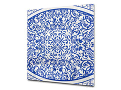 Stunning printed Glass backsplash – Tempered glass kitchen wall panel NBS07 Vintage leaves and patterns Series: Blue Spanish mosaic