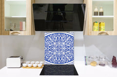 Stunning printed Glass backsplash – Tempered glass kitchen wall panel NBS07 Vintage leaves and patterns Series: Blue Spanish mosaic