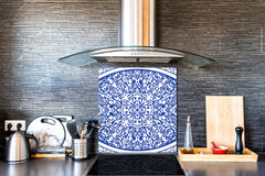 Stunning printed Glass backsplash – Tempered glass kitchen wall panel NBS07 Vintage leaves and patterns Series: Blue Spanish mosaic