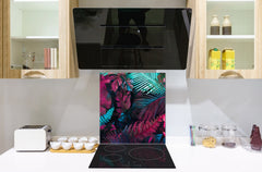 Stunning printed Glass backsplash – Tempered glass kitchen wall panel NBS07 Vintage leaves and patterns Series: Abstract tropical leaves