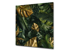 Toughened glass backsplash – Art glass design printed glass splashback NBS11 Tropical Leaves Series: Gold-green jungle