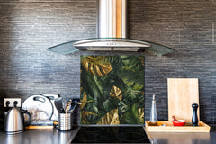 Toughened glass backsplash – Art glass design printed glass splashback NBS11 Tropical Leaves Series: Gold-green jungle