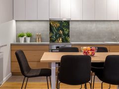 Toughened glass backsplash – Art glass design printed glass splashback NBS11 Tropical Leaves Series: Gold-green jungle