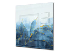 Stylish Tempered glass backsplash – Glass kitchen splashback – Glass upstand NBS01 Marbles 1 Series: Blue marble leaves