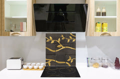 Printed Tempered glass wall art – Glass kitchen backsplash NBS05 Textures and tiles 1 Series: Golden branches on a dark background