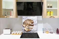 Toughened glass backsplash – Art glass design printed glass splashback NBS11 Tropical Leaves Series: Golden leaf on marble