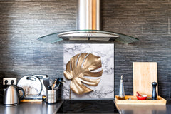Toughened glass backsplash – Art glass design printed glass splashback NBS11 Tropical Leaves Series: Golden leaf on marble
