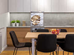 Toughened glass backsplash – Art glass design printed glass splashback NBS11 Tropical Leaves Series: Golden leaf on marble