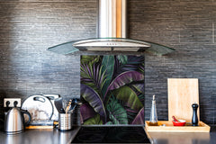 Toughened glass backsplash – Art glass design printed glass splashback NBS11 Tropical Leaves Series: Dark exotic pattern