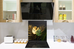 Toughened glass backsplash – Art glass design printed glass splashback NBS11 Tropical Leaves Series: Leave texture on black background