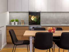 Toughened glass backsplash – Art glass design printed glass splashback NBS11 Tropical Leaves Series: Leave texture on black background