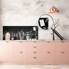 Wide-format glass kitchen panel with and w/o stainless steel metal back-coating: Miami skyscrapers at the night