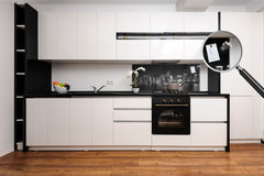 Wide-format glass kitchen panel with and w/o stainless steel metal back-coating: Miami skyscrapers at the night