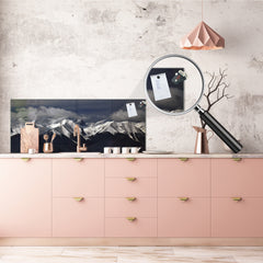 Wide-format glass kitchen panel with and w/o stainless steel metal back-coating: Pirin mountains in spring