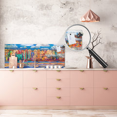 Wide-format glass kitchen panel with and w/o stainless steel metal back-coating: Town near the sea