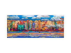 Wide-format glass kitchen panel with and w/o stainless steel metal back-coating: Town near the sea