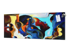 Wide-format glass kitchen panel with and w/o stainless steel metal back-coating: Stained human profiles