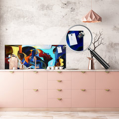 Wide-format glass kitchen panel with and w/o stainless steel metal back-coating: Stained human profiles