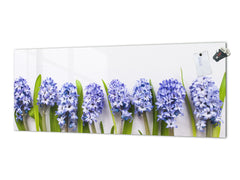 Wide-format glass kitchen panel with and w/o stainless steel metal back-coating: Lilac hyacinths