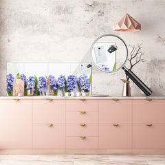 Wide-format glass kitchen panel with and w/o stainless steel metal back-coating: Lilac hyacinths