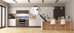 Wide-format glass kitchen panel with and w/o stainless steel metal back-coating: Lilac hyacinths