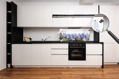 Wide-format glass kitchen panel with and w/o stainless steel metal back-coating: Lilac hyacinths