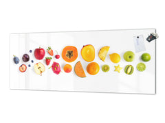 Wide-format glass kitchen panel with and w/o stainless steel metal back-coating: Creative fruit set
