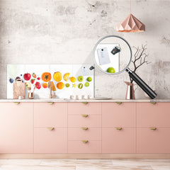 Wide-format glass kitchen panel with and w/o stainless steel metal back-coating: Creative fruit set