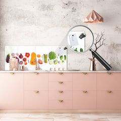 Wide-format glass kitchen panel with and w/o stainless steel metal back-coating: Creative veggie set