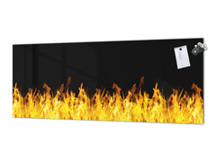 Wide-format glass kitchen panel with and w/o stainless steel metal back-coating: Fire flames