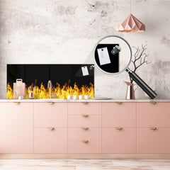 Wide-format glass kitchen panel with and w/o stainless steel metal back-coating: Fire flames