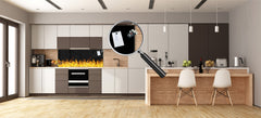 Wide-format glass kitchen panel with and w/o stainless steel metal back-coating: Fire flames