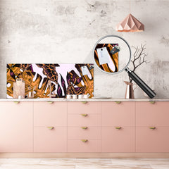 Glass kitchen panel with and w/o stainless steel back-coating: Tropical leaves