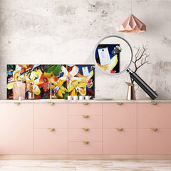 Glass backsplash w/ and w/o metal sheet backing with magnetic properties: Kandinsky flowers and buds