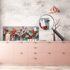 Glass backsplash w/ and w/o metal sheet backing with magnetic properties: Oil on canvas flowers