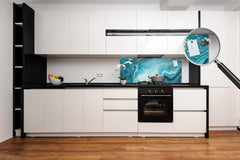 Glass backsplash w/ and w/o metal sheet backing with magnetic properties: Ocean briefing art 2