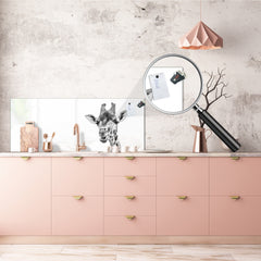 Glass backsplash w/ and w/o metal sheet backing with magnetic properties: black and white giraffe
