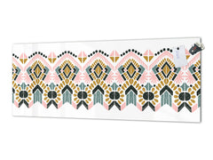 Glass backsplash w/ and w/o metal sheet backing with magnetic properties: Aztec design