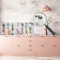 Glass splashback with metal backing - Kitchen glass panel: White wooden flower deco