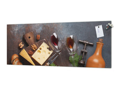Stunning glass wall art - Wide format backsplash with magnetic properties: Wine, nuts and cheese