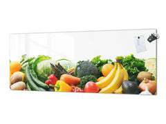 Wide-format tempered glass kitchen wall panel with metal backing - and without: Fruits and veggies on white