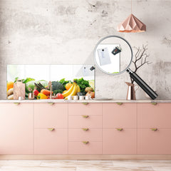 Wide-format tempered glass kitchen wall panel with metal backing - and without: Fruits and veggies on white