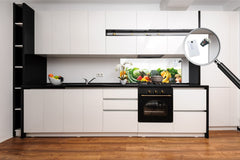 Wide-format tempered glass kitchen wall panel with metal backing - and without: Fruits and veggies on white