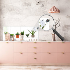 Wide-format tempered glass kitchen wall panel with metal backing - and without: Cactus line