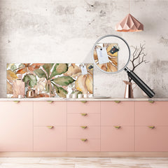 Wide-format tempered glass kitchen wall panel with metal backing - and without: Autumn chestnut leaves