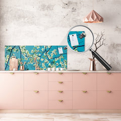 Wide-format tempered glass kitchen wall panel with metal backing - and without: Dogwood tree blossom