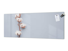 Wide-format tempered glass kitchen wall panel with metal backing - and without: Cotton flower