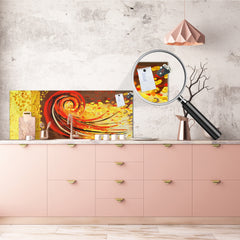 Wide-format tempered glass kitchen wall panel with metal backing - and without: Color whirls